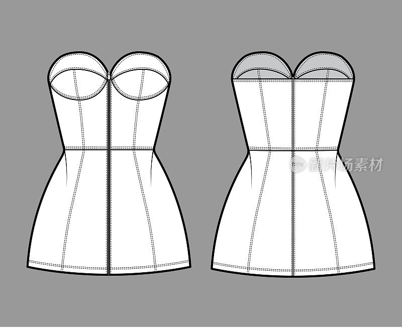 Zip-up tube dress technical fashion illustration with bustier, strapless, fitted body, mini length skirt. Flat garment